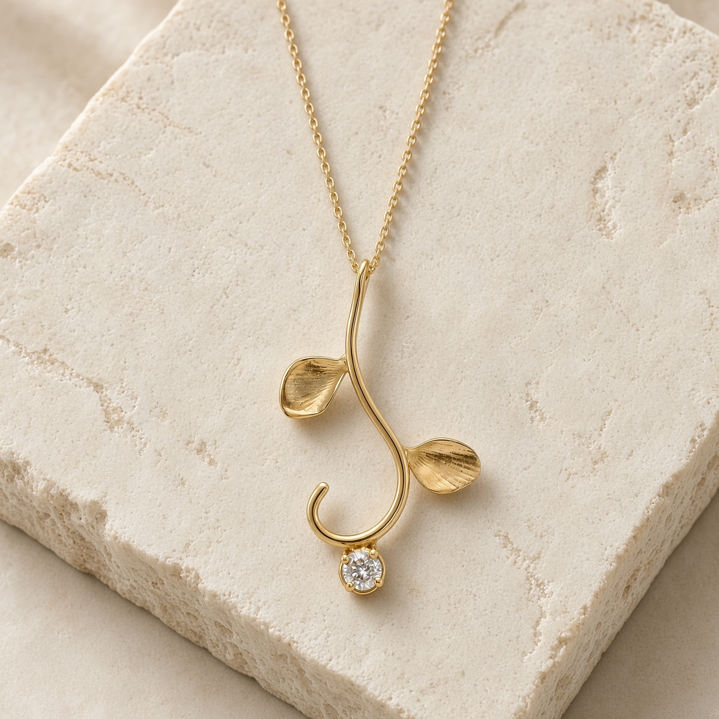 14K yellow gold vine necklace with diamond on a rough cream stone slab