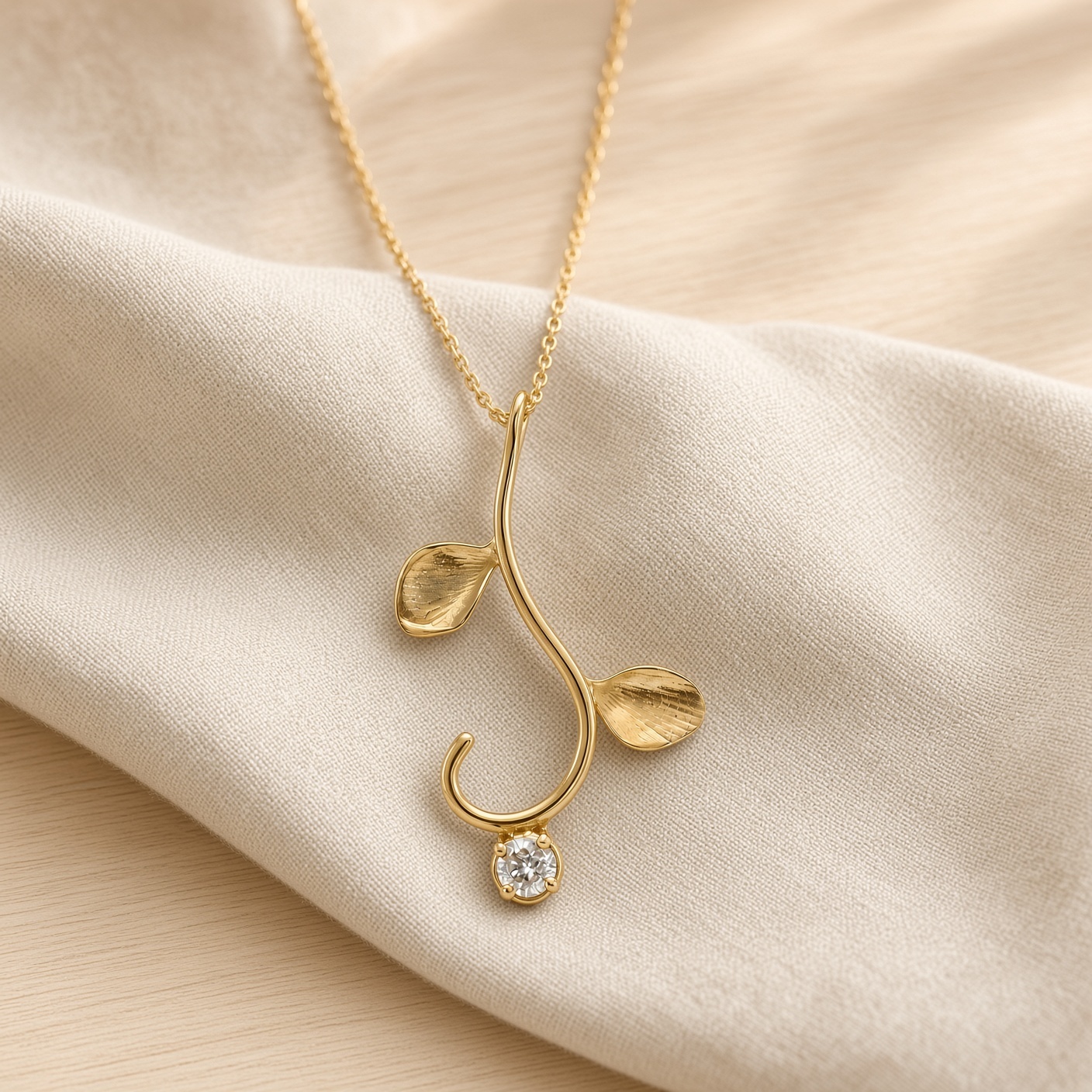Gold leaf and vine diamond necklace on soft cream linen
