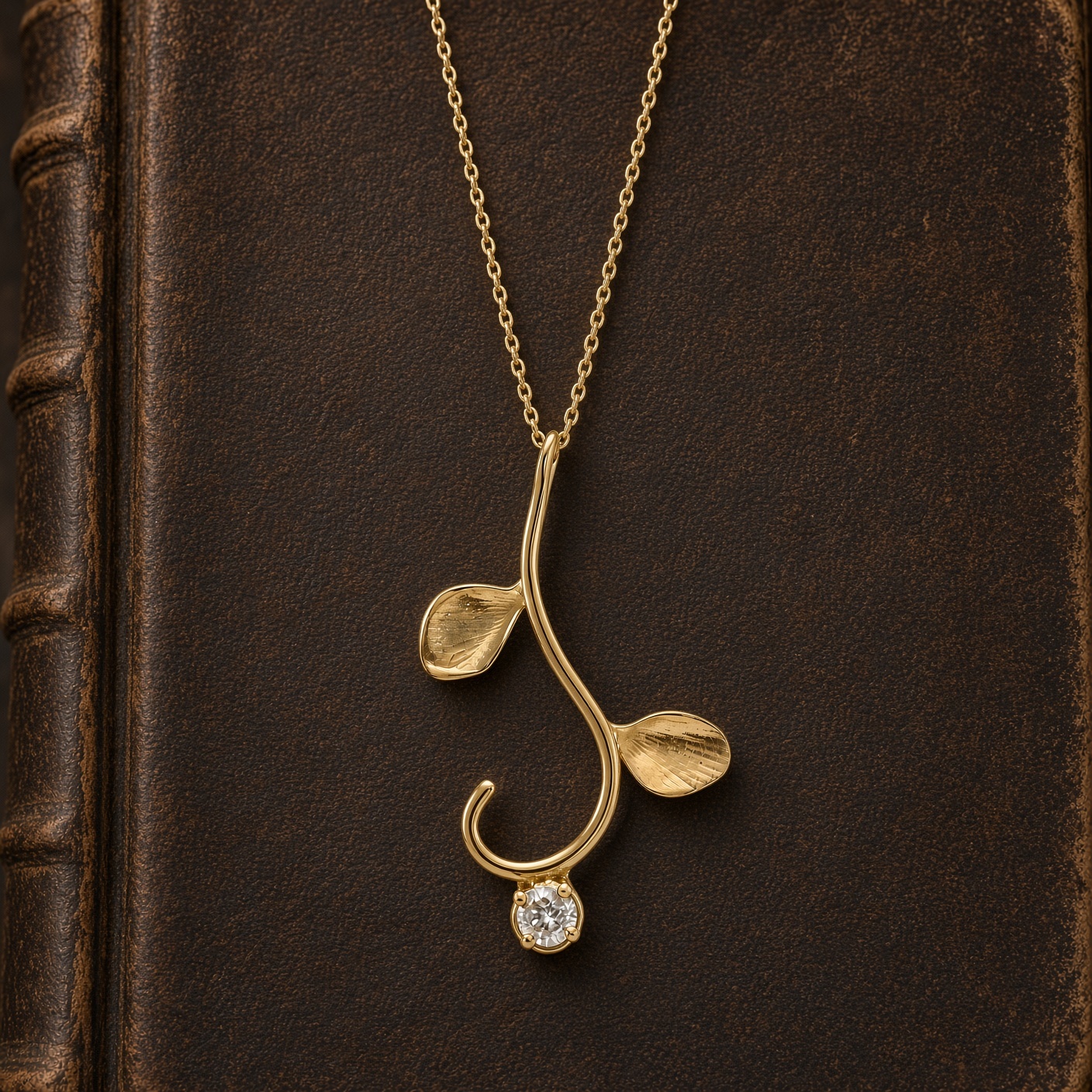14K gold vine pendant with diamond against a dark brown leather book cover