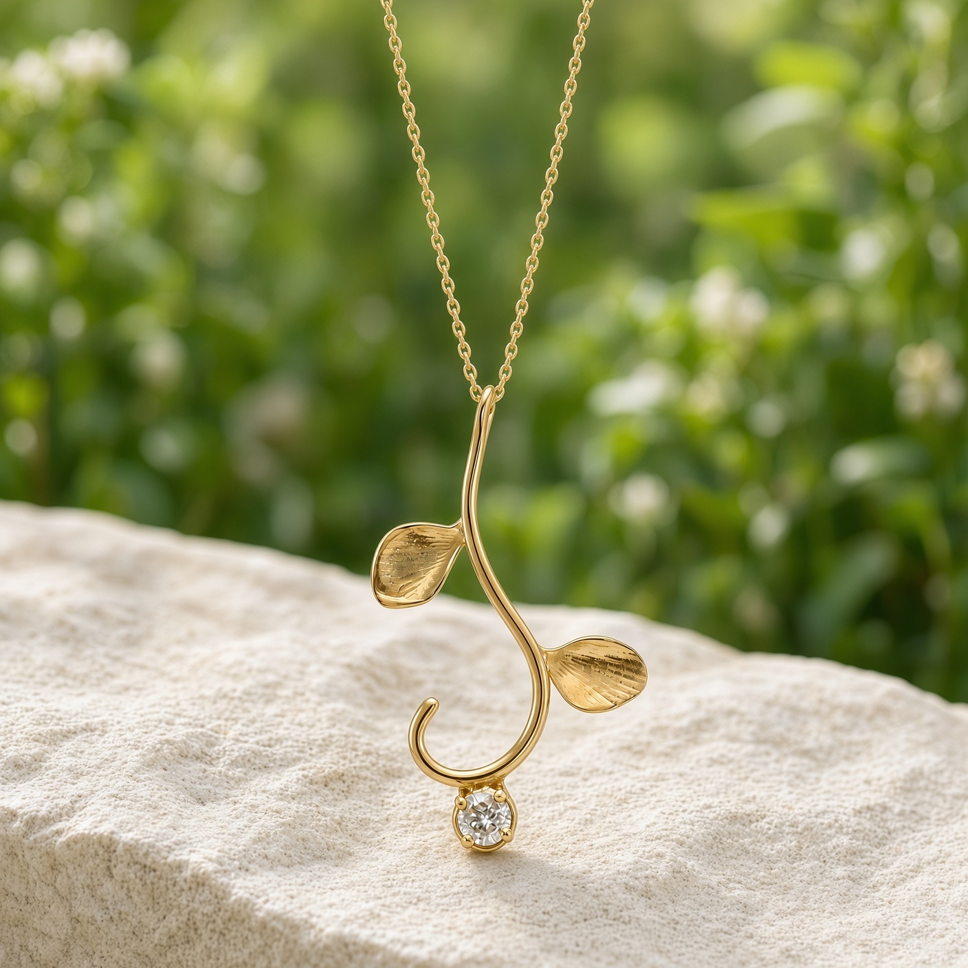 Gold vine necklace with a diamond tip on a pale stone ledge with green foliage behind