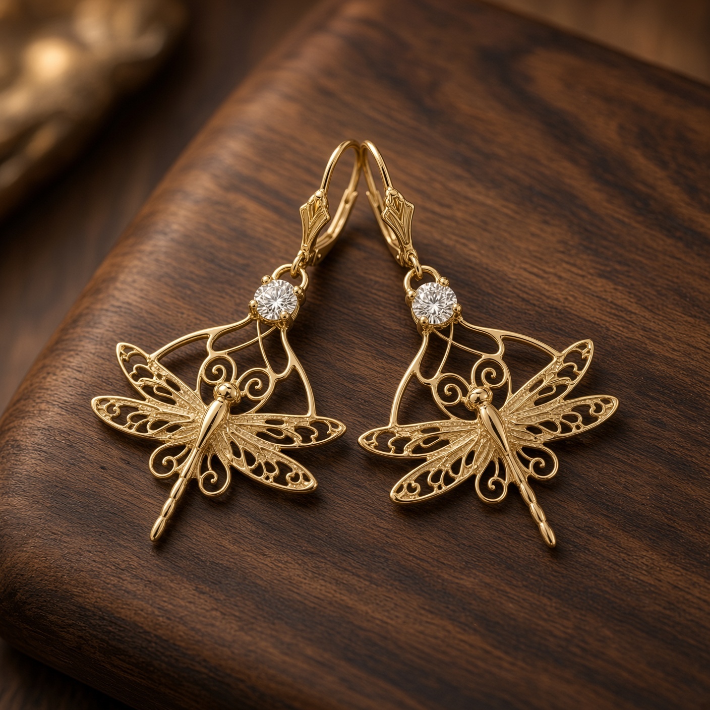 Angled view of 14K yellow gold dragonfly earrings with diamonds on a dark wood block