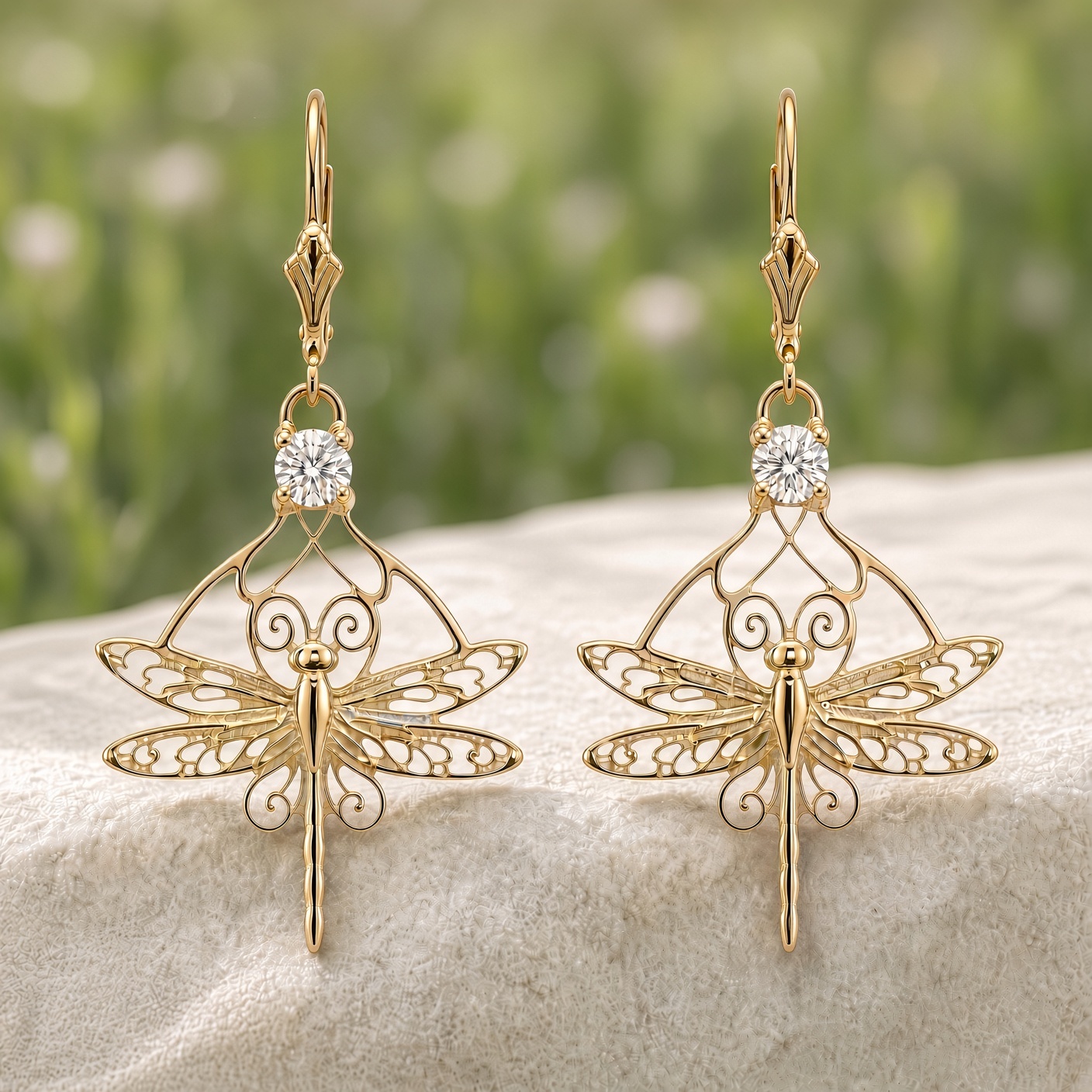 14K gold dragonfly diamond drop earrings on a sunlit stone ledge with green grass behind