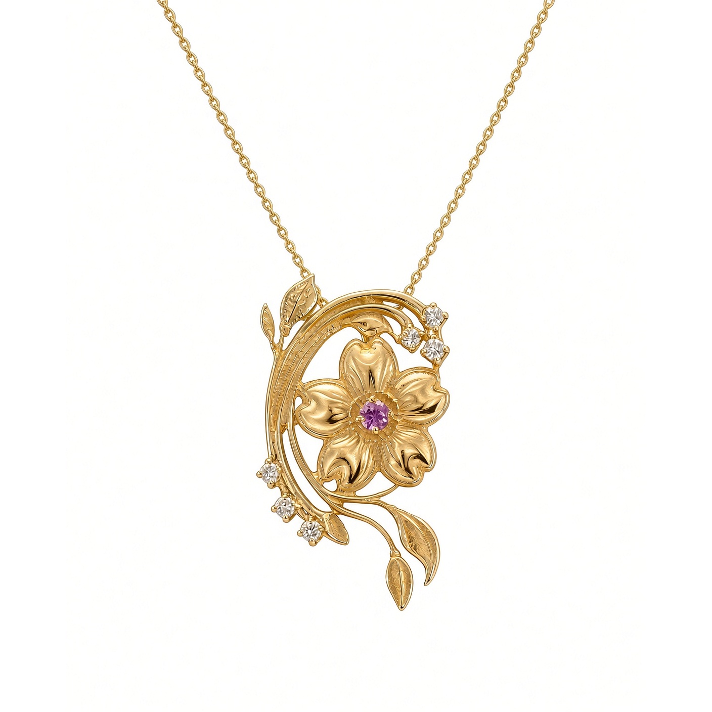 14K yellow gold cherry blossom pendant with a pink sapphire center and diamonds on a gold chain, white background