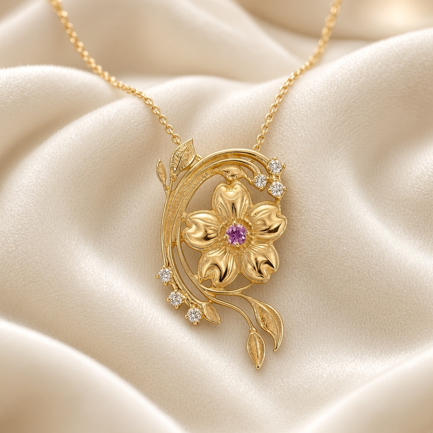 Art nouveau cherry blossom necklace in 14K gold with pink sapphire on ivory silk