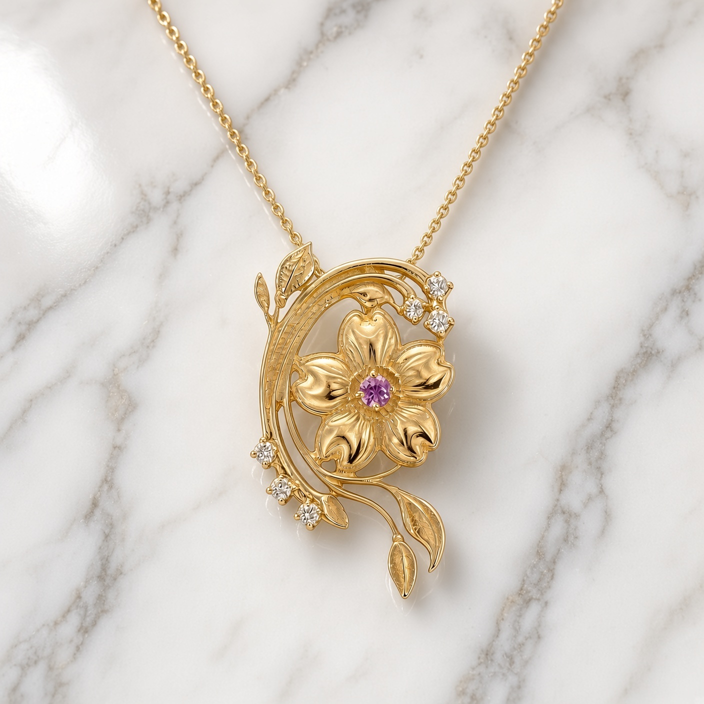 14K yellow gold cherry blossom pendant with diamonds on white and gray marble
