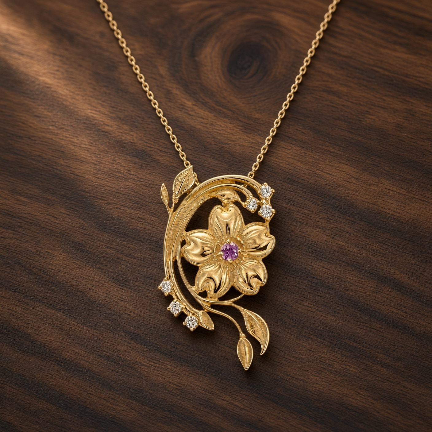 Gold cherry blossom necklace with pink sapphire and diamonds on dark walnut wood