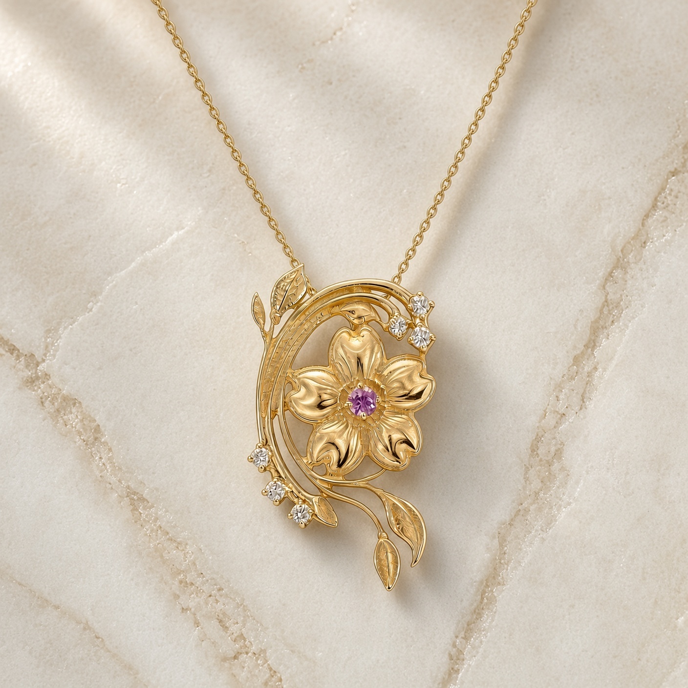 14K gold cherry blossom pendant with pink sapphire and leafy vine on cream marble with gold veining