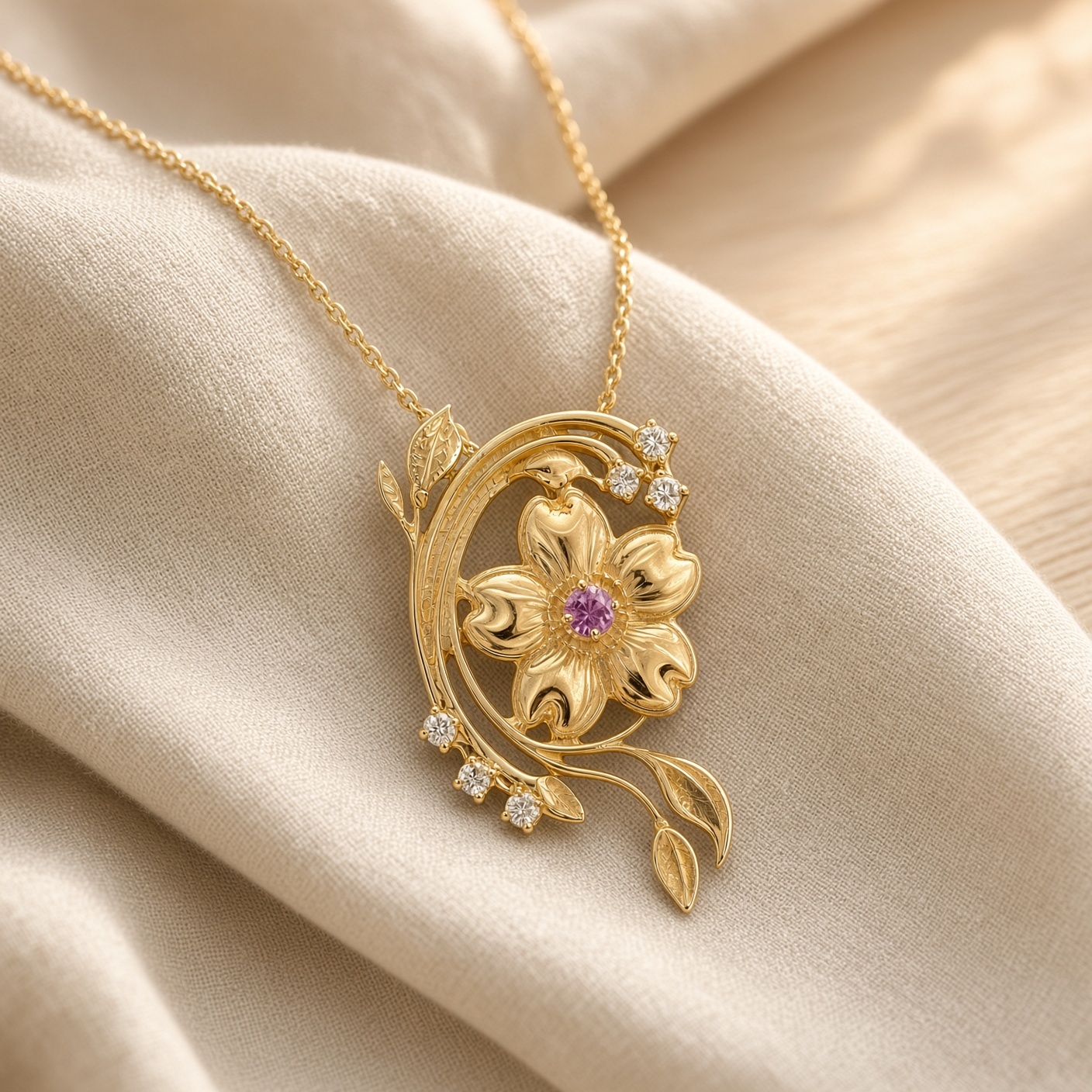 Cherry blossom necklace in 14K yellow gold with diamond accents on draped cream linen