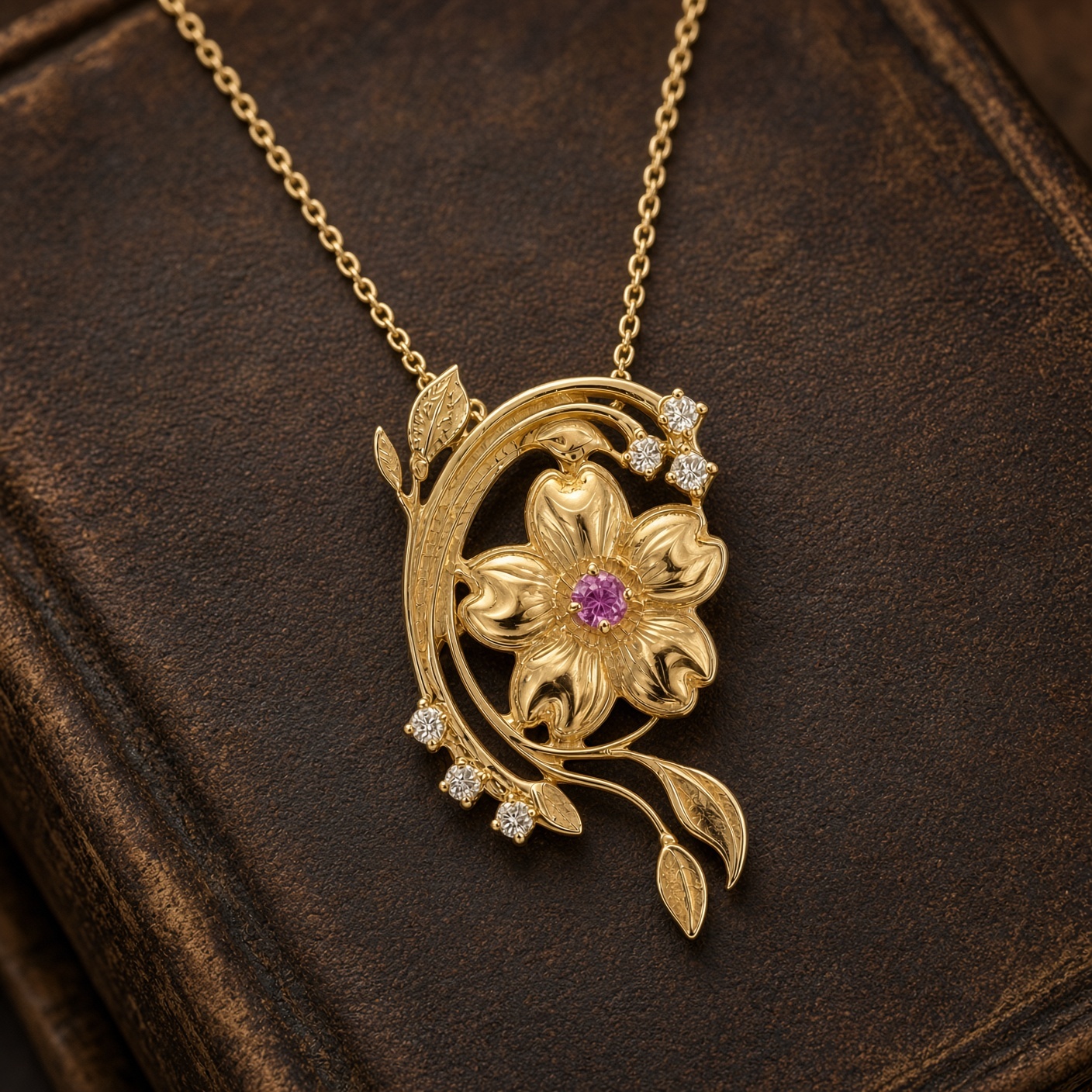 14K gold cherry blossom pendant with pink sapphire on dark brown leather