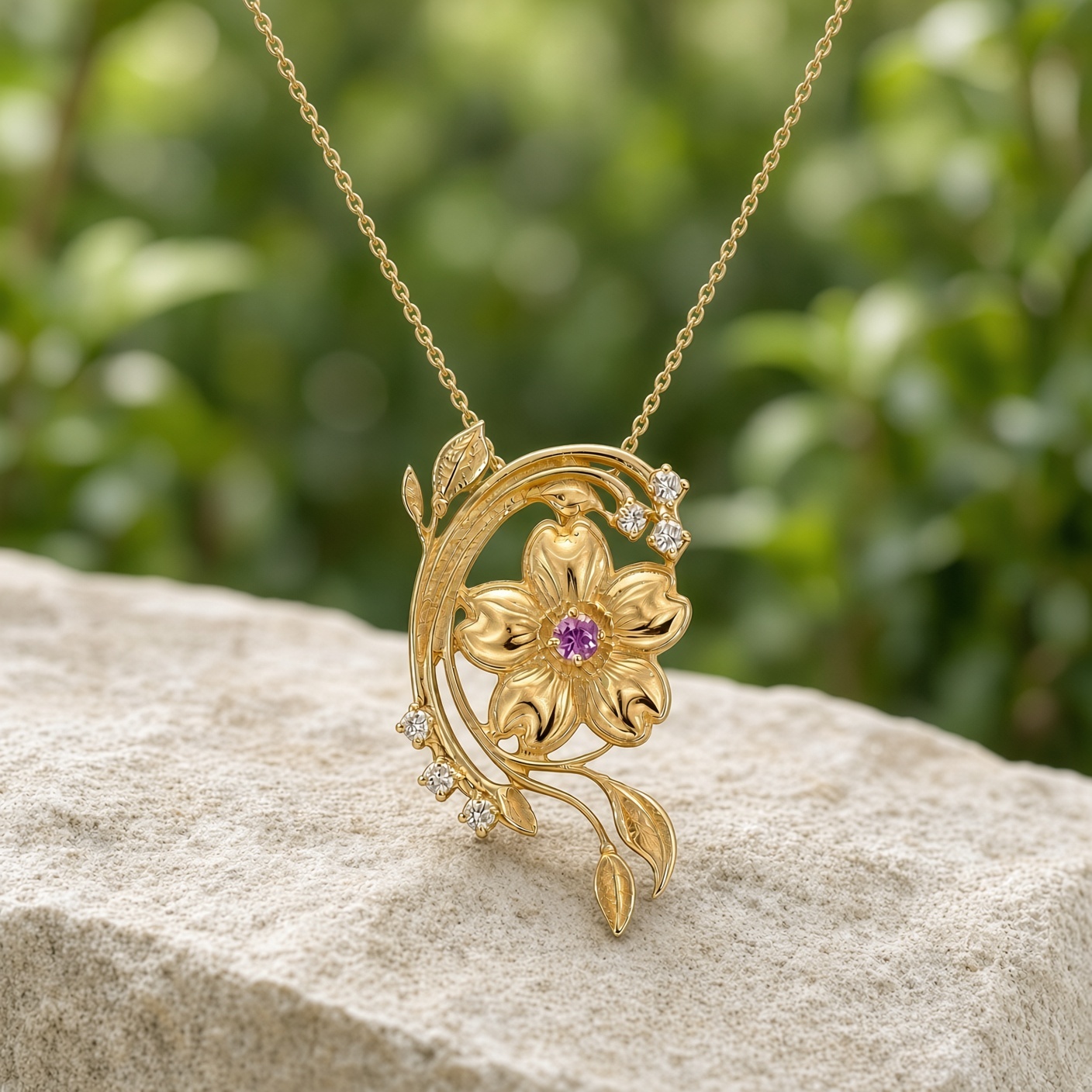 Gold cherry blossom necklace with pink sapphire and diamonds on a pale stone ledge with green foliage behind