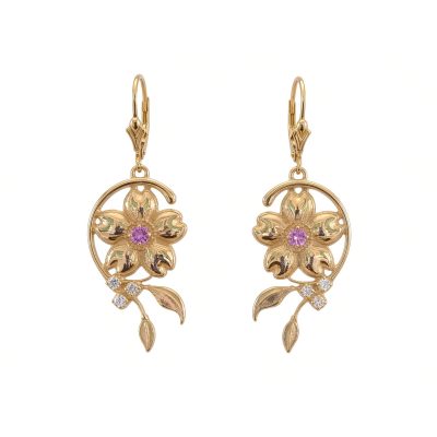 Pair of 14K yellow gold cherry blossom drop earrings with pink sapphire centers and diamonds on lever backs, white background