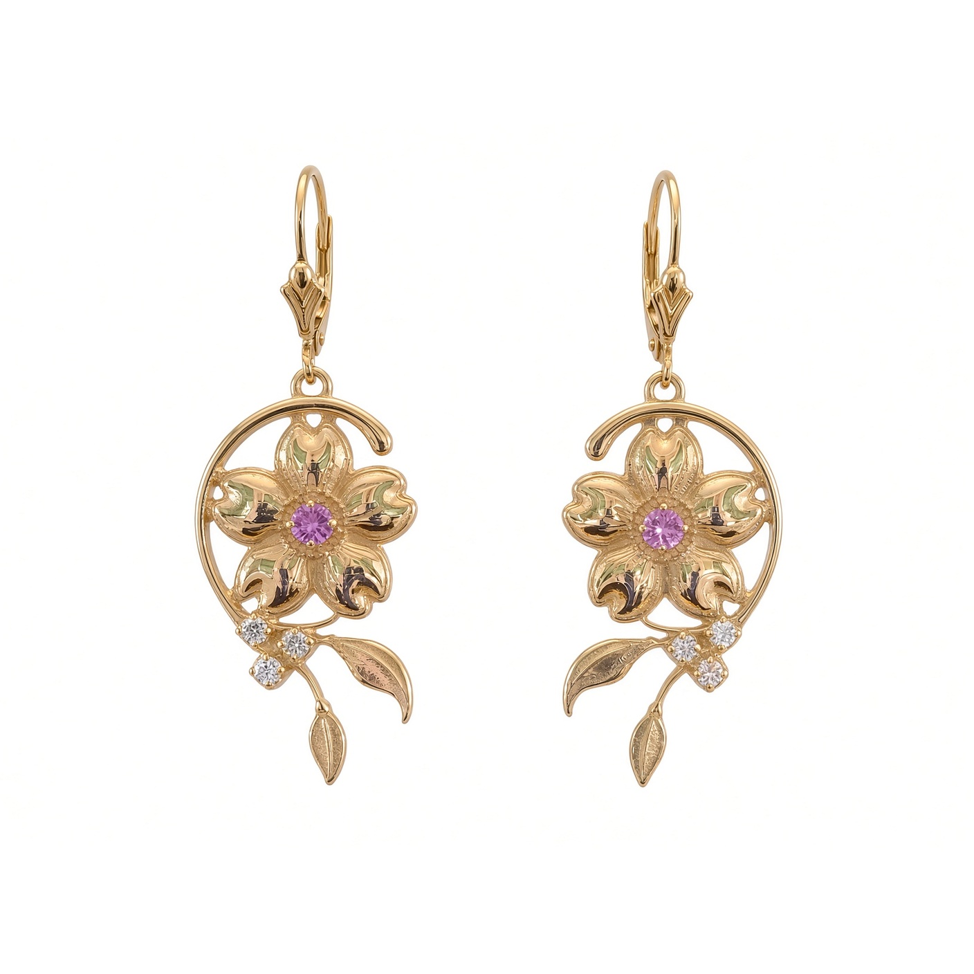 Pair of 14K yellow gold cherry blossom drop earrings with pink sapphire centers and diamonds on lever backs, white background