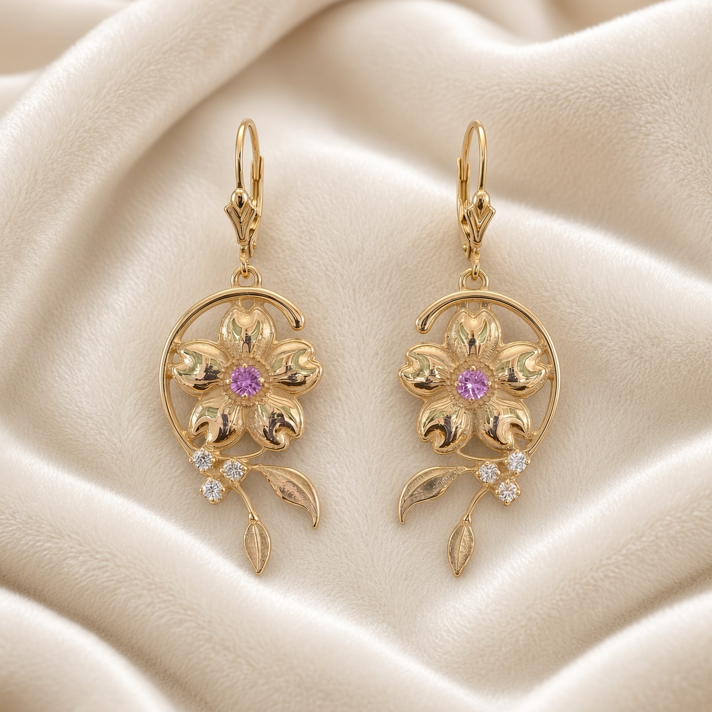 14K gold cherry blossom earrings with pink sapphires and diamonds on soft cream velvet