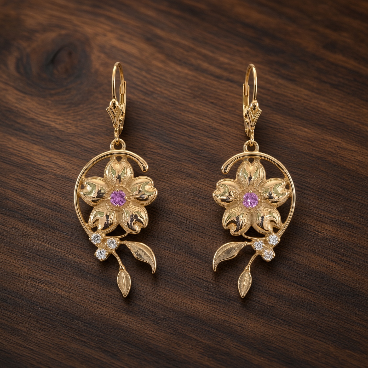 14K gold cherry blossom earrings with pink sapphire centers on dark polished wood