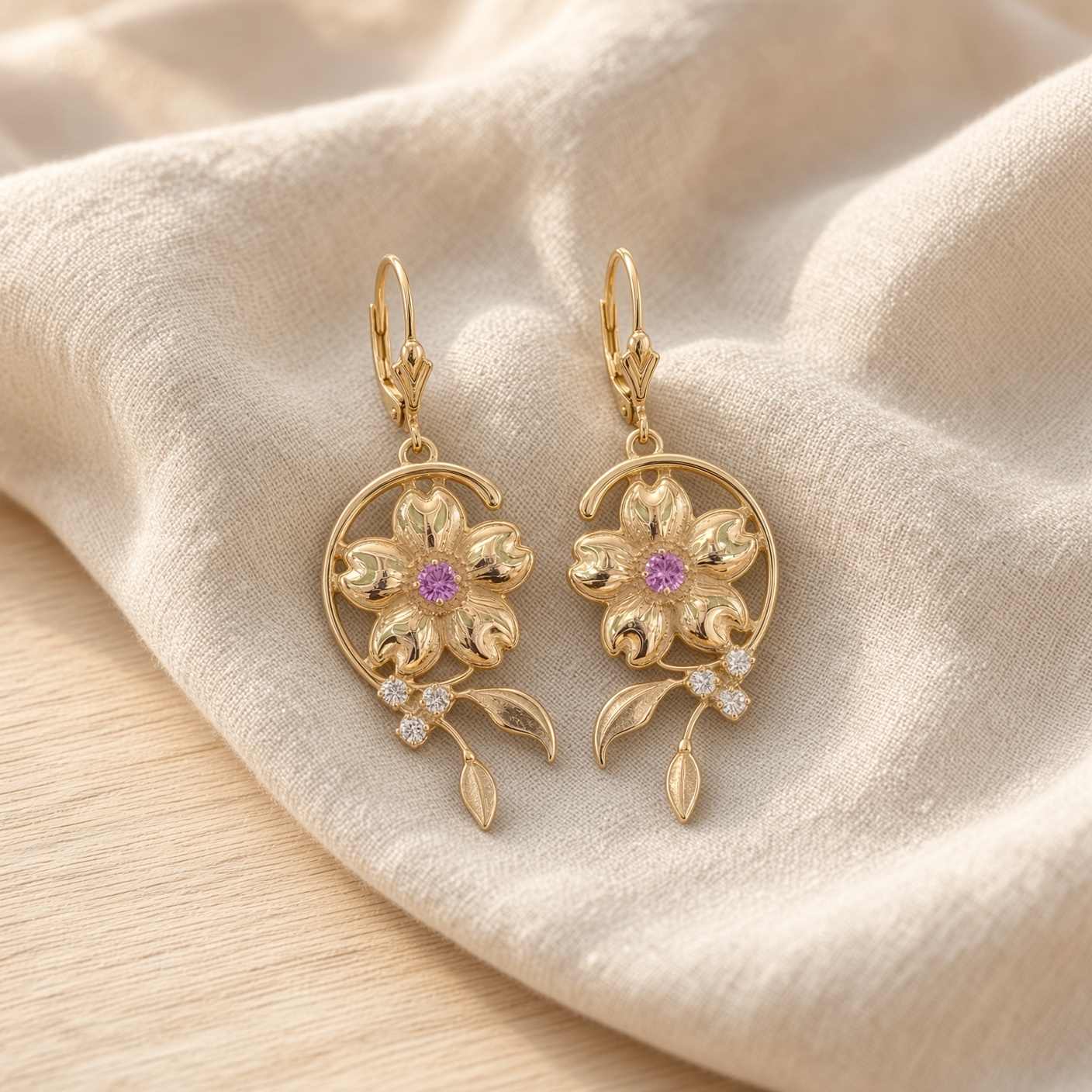 14K yellow gold cherry blossom drop earrings with leaf details on beige linen and light wood