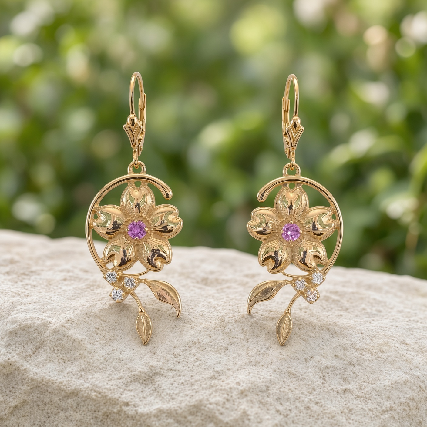 14K gold cherry blossom earrings with pink sapphires on a pale stone with green foliage behind