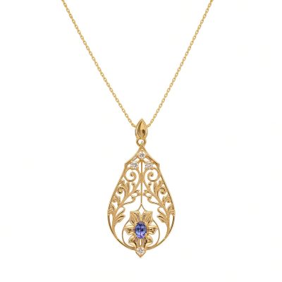 14K yellow gold teardrop filigree lavalier with an oval tanzanite flower and diamonds on a gold chain, white background