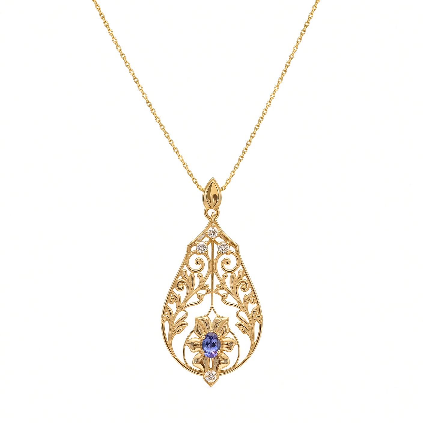 14K yellow gold teardrop filigree lavalier with an oval tanzanite flower and diamonds on a gold chain, white background