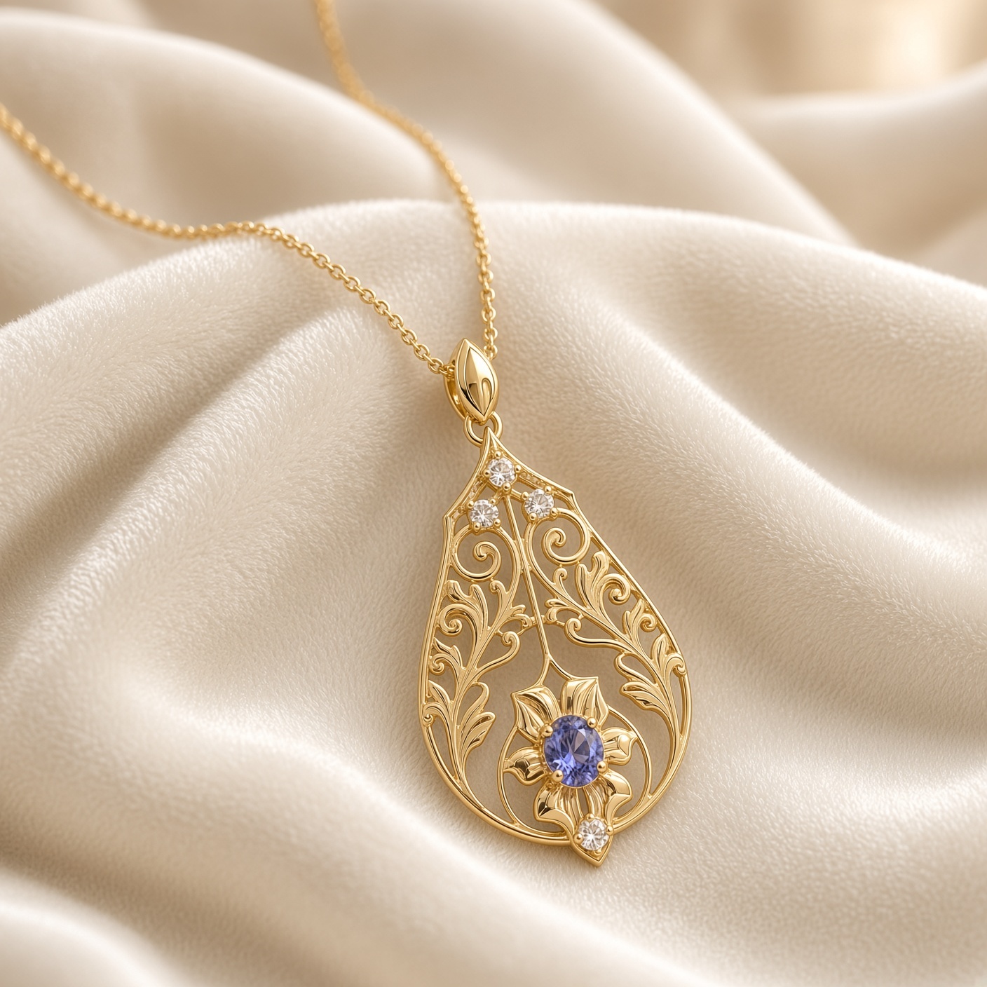 Art nouveau flower lavalier in 14K gold with tanzanite and diamonds on draped cream satin