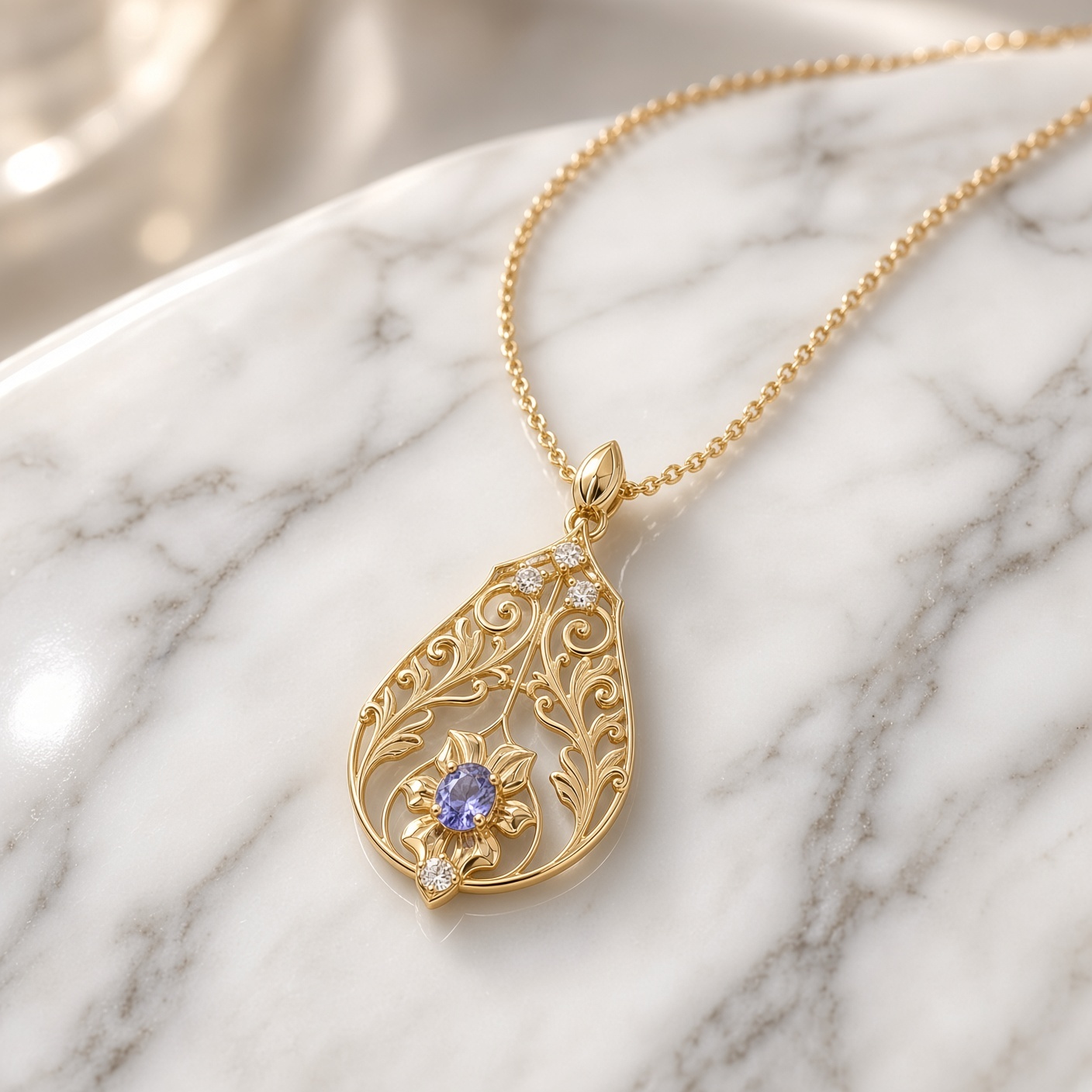 14K gold tanzanite and diamond lavalier necklace on white and gray marble