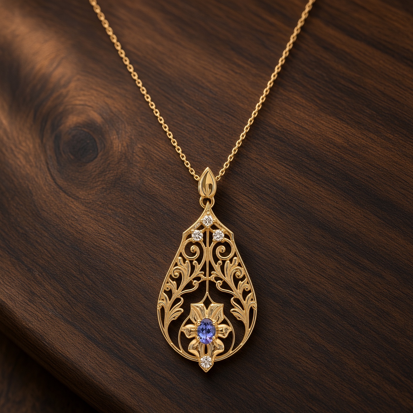 Teardrop filigree tanzanite pendant in 14K gold on dark wood