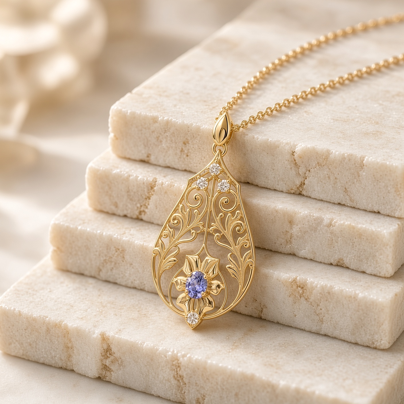 14K yellow gold art nouveau lavalier with tanzanite resting on stacked cream stone tiles