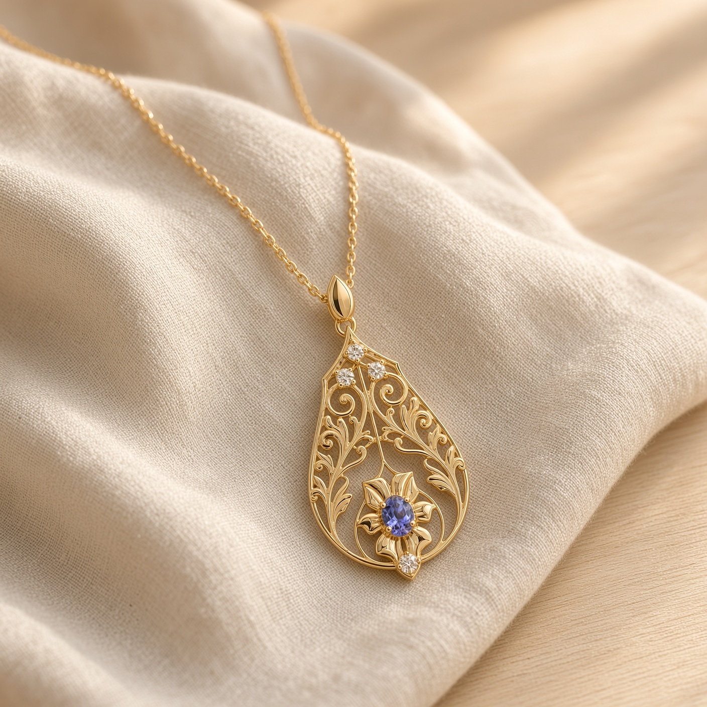 Gold tanzanite and diamond lavalier necklace on soft cream linen