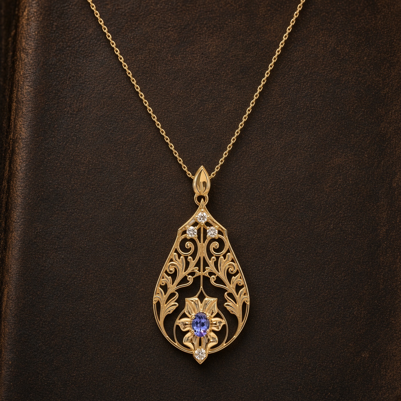 14K gold filigree flower pendant with tanzanite and diamonds against a dark brown leather book