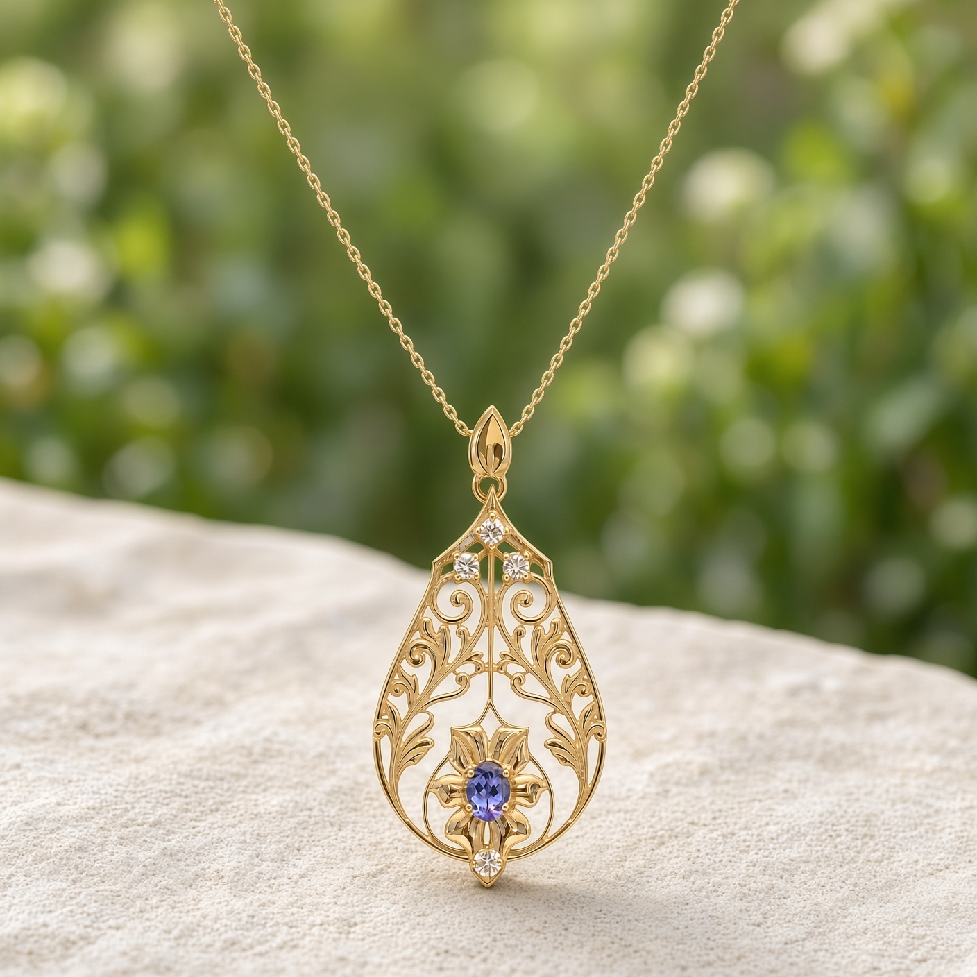 Gold art nouveau tanzanite lavalier necklace on a pale stone ledge with green foliage behind