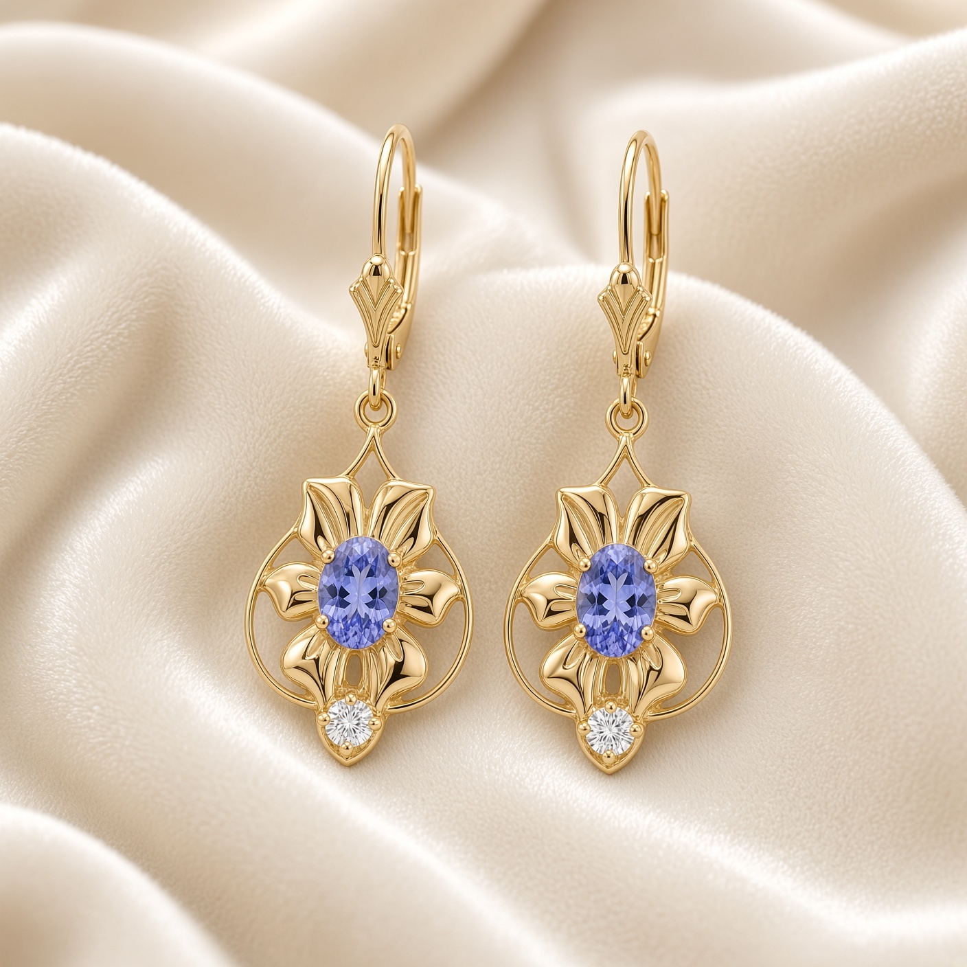 Pair of 14K gold art nouveau flower earrings with tanzanites and diamonds resting on draped cream silk