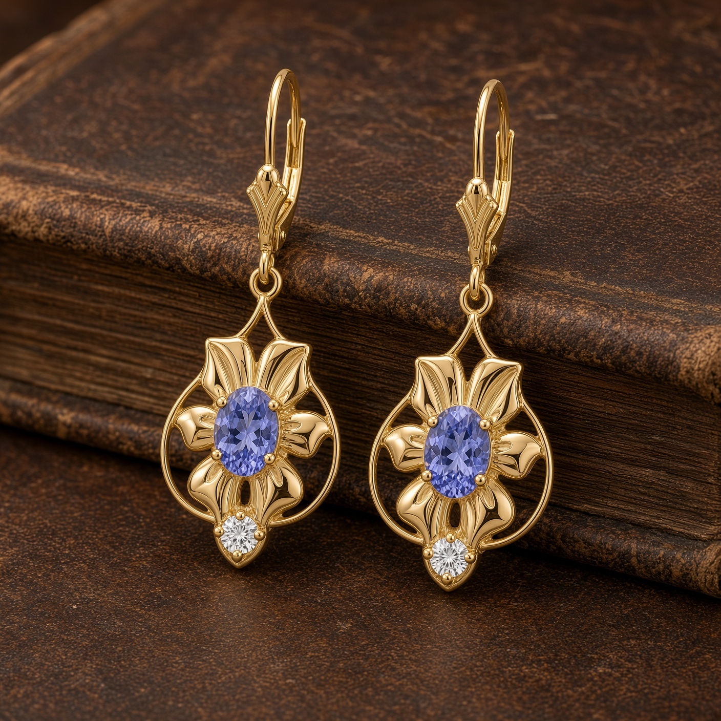 Close view of 14K gold tanzanite flower earrings standing on a brown leather book