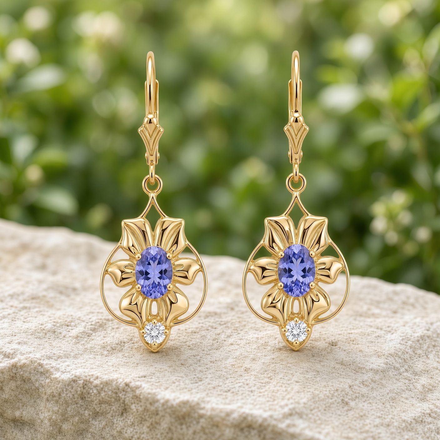 Art nouveau tanzanite and diamond flower earrings on a stone ledge with green foliage behind