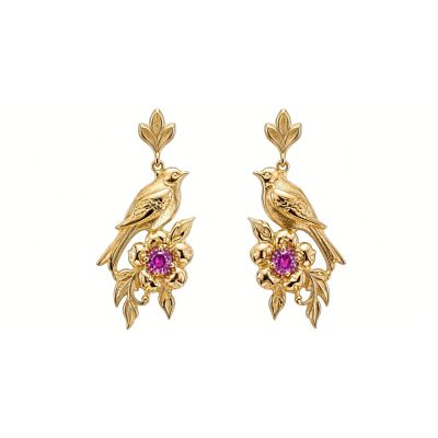 Pair of 14K yellow gold songbird drop earrings perched on flowers with pink sapphire centers, white background