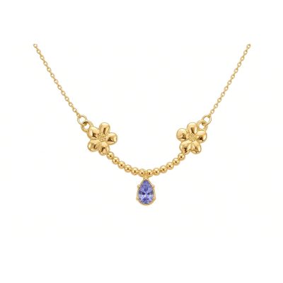 14K yellow gold necklace with two forget-me-not flowers, a beaded strand, and a pear tanzanite drop, white background