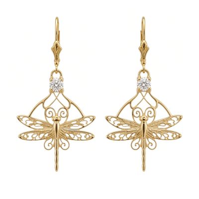 14K yellow gold Nouveau Dragonfly earrings with diamonds on lever backs, front view on a white background