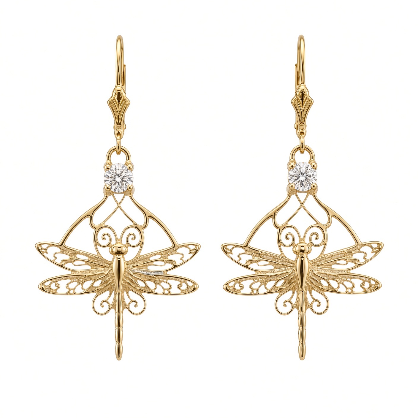 14K yellow gold Nouveau Dragonfly earrings with diamonds on lever backs, front view on a white background