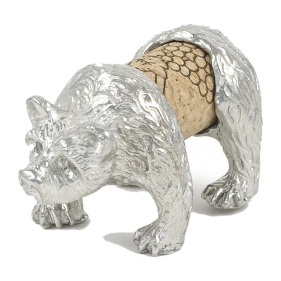 Lucina K Bear Cork Pet, a solid pewter textured walking bear holding a wine cork, on a white background