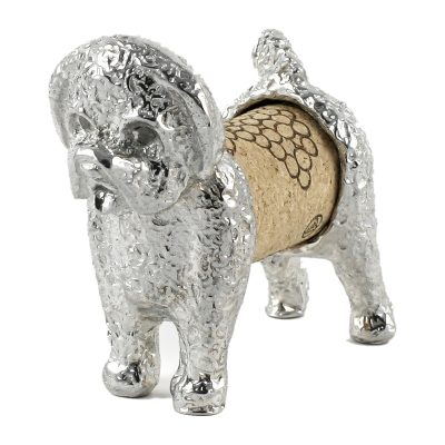 Lucina K Bichon Cork Pet, a solid pewter fluffy curly-coated Bichon Frise holding a wine cork, on a white background