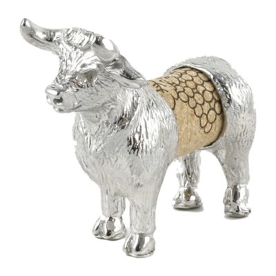 Lucina K Bull Cork Pet, a solid pewter horned bull holding a wine cork, on a white background