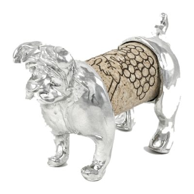 Lucina K Bulldog Cork Pet, a solid pewter stocky Bulldog with a wrinkled face holding a wine cork, on a white background
