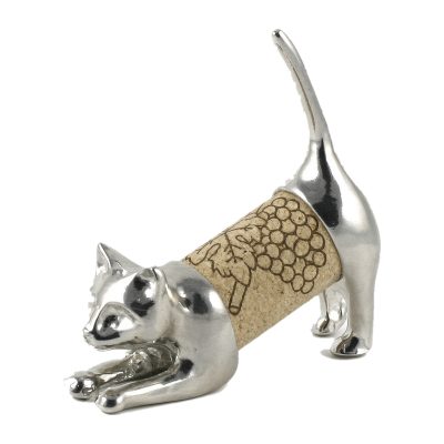 Lucina K Cat Cork Pet, a solid pewter stretching cat with its tail held high holding a wine cork, on a white background