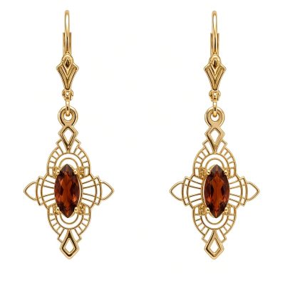 Marquise Deco earrings in 14K yellow gold with Madeira citrine on lever backs, white background
