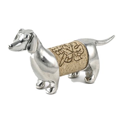 Lucina K Dachshund Cork Pet, a solid pewter long-bodied Dachshund holding a wine cork, on a white background