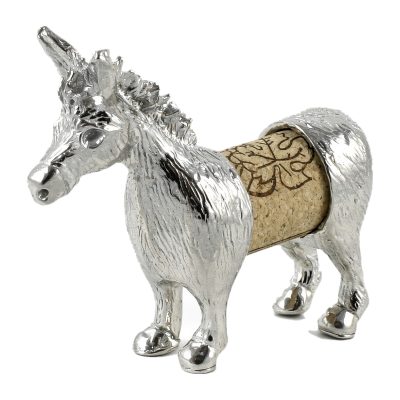 Lucina K Donkey Cork Pet, a solid pewter donkey with tall ears holding a wine cork, on a white background