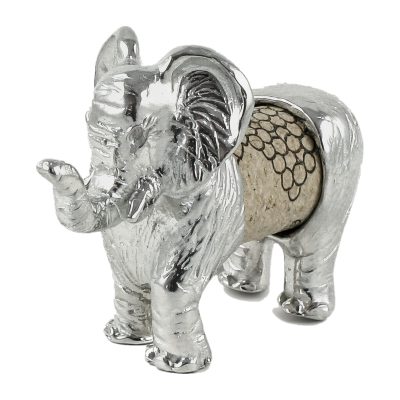 Lucina K Elephant Cork Pet, a solid pewter elephant with a raised trunk holding a wine cork, on a white background