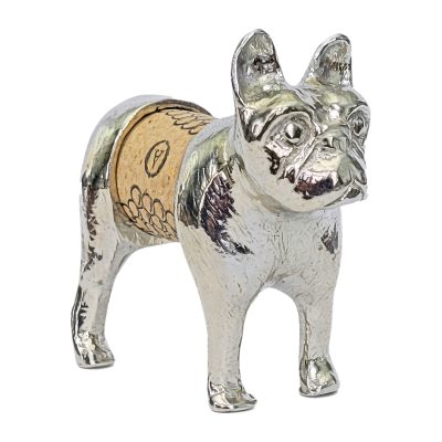 Lucina K Frenchie Cork Pet, a solid pewter French Bulldog with tall bat ears holding a wine cork, on a white background
