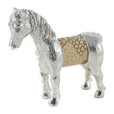 Lucina K Horse Cork Pet, a solid pewter standing horse with a flowing mane holding a wine cork, on a white background