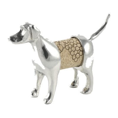 Lucina K Lab Cork Pet, a solid pewter Labrador Retriever with a long tail holding a wine cork, on a white background
