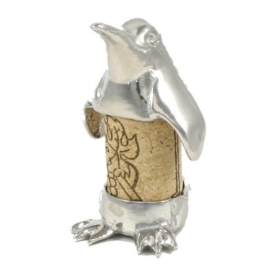 Lucina K Penguin Cork Pet, a solid pewter upright penguin holding a wine cork, on a white background