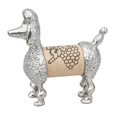 Lucina K Poodle Cork Pet, a solid pewter Poodle with a pom-pom clipped coat holding a wine cork, on a white background
